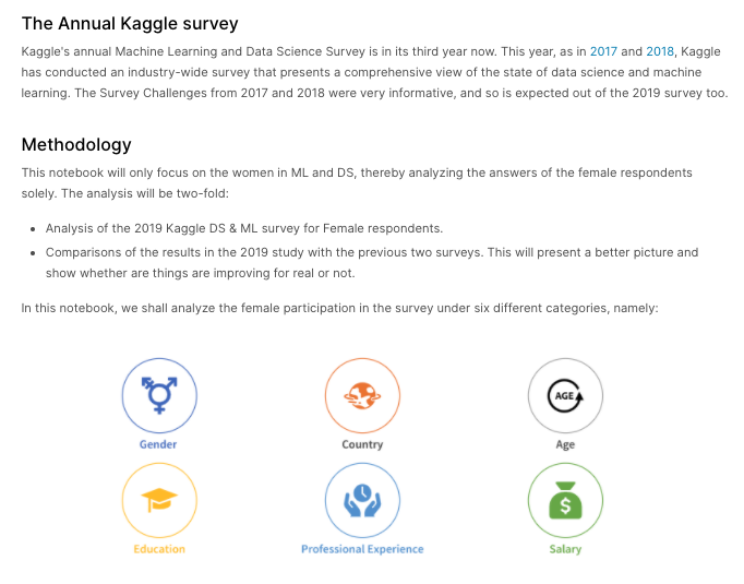 An excerpt from the Notebook: Geek Girls Rising: Myth or Reality!. In this notebook I analysed the 2019 Kaggle ML and DS Survey data for Women’s Representation in Machine Learning and Data Science. The problem statement that I chose to work upon was whether the women participation in Kaggle was improving and how did it compare to the previous years.I created a report by analysing the data across various attributes like gender, countries,Age groups etc. I concluded the analysis with key take ways and some recommendations.